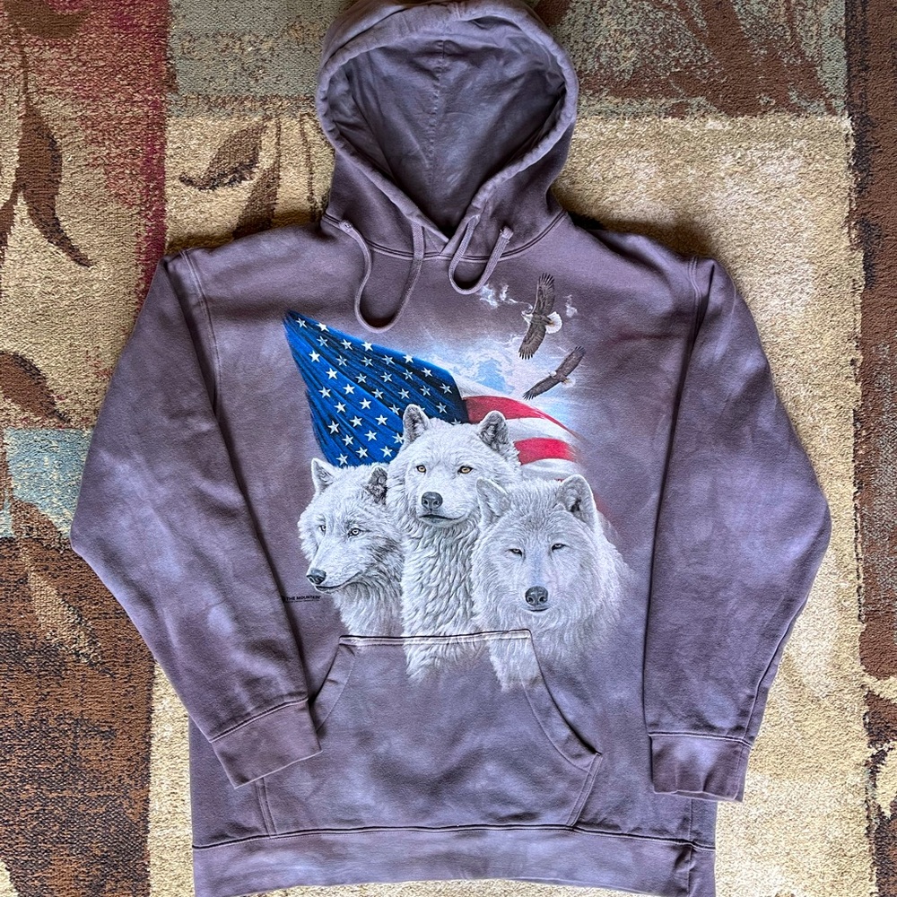 The Mountain Hoodie, Mens L, Nature Wolf Eagle Purple Grey Tie Dye 2019